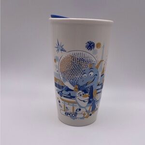 Disney Epcot 50th Anniversary Starbucks 12 Oz Ceramic Tumbler With Blue Lid